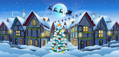  Old city street with chalet style houses and christmas tree in winter. Vector cartoon illustration.  Medieval town street with old  buildings at night. Concept of winter and christmas background.