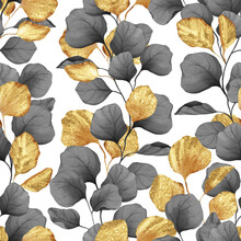 Floral Seamless Pattern With Black And Gold Leaves. Decorative Background.