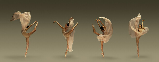 Collage of portraits of one young beautiful female ballet dancer dancing with fabric, cloth isolated on grey background.