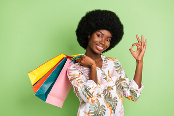 Photo of young afro girl happy positive smile hold bags show okay alright recommend sign isolated over green color background