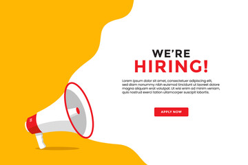 we are hiring banner with megaphone flat illustration