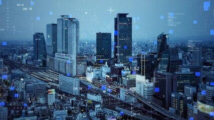 Leinwandbilder - Modern city aerial view and communication network concept. Smart city. 5G. IoT.