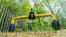 Gas Industry. The Locking Device Of The Gas Pipeline Passing In The Wood And Brought Outside, Protected By A Fence For Safety. Gas Distribution Station In The Forest. Yellow Gas Pipe