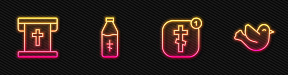 Set line Online church pastor preaching, Flag with christian cross, Holy water bottle and Dove. Glowing neon icon. Vector