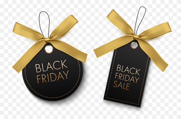 Wall Mural - black friday sale black labels with gold bow isolated on white background. vector tags