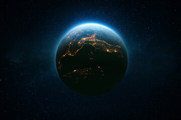 amazing beautiful blue planet earth with bright night city lights in starry space. life concept. civ
