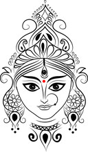 Portrait Of A Durga In Black Line Art With Red Bhindi