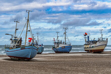 Fishing Boats Pulled Ashore Before The Arrival Of A Late Summer Storm. Thorupstrand Fishermen Support Sustainable Fishing. Thorupstrand, North Jutland, Denmark.