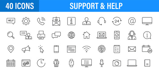 Wall Mural - set of 24 support and help web icons in line style. assistance, email, customer, 24 hrs, service, co