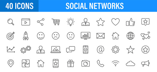 Wall Mural - set of 24 social networks web icons in line style. marketing, feedback, management, target, like, co