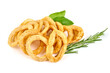 Deep fried squid rings, isolated on white background.