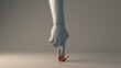 a huge hand push a small red person down with a finger and presses him to the floor 3d illustration with deep meaning in calm gray warm colors