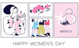 Fototapeta Pokój dzieciecy - Social media banner with women celebrating spring holidays with flowers.