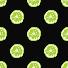 Wall Mural - Lime vector pattern, citrus on black background, seamless illustration.