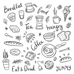 Sticker - Breakfast Sign Black Thin Line Icon Set Include of Coffee, Egg and Bread. Vector illustration of Icons