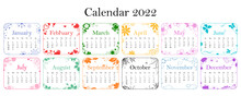 Calendar For 2022, Colorful And Colored Calendar For 2022 With Flowers, Butterflies, Gifts, Snowflakes, Leaves