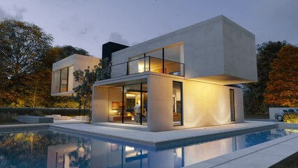 Wall Mural - Big contemporary villa with garden and swimming pool in the evening