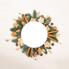 Wall Mural - Christmas circle frame of fir branches