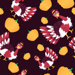 Poster - Seamless Turkey Birds And Paper Pumpkins Pattern Background.