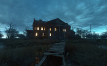 Ominously Dilapidated And Abandoned Mansion With Illuminated Interior Lighting At Dusk Under A Cloudy Sky. 3D Rendering.
