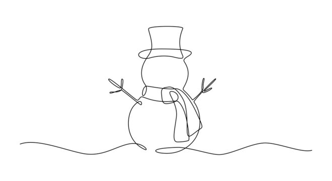 Continuous one line drawing of christmas Snowman in hat with scarf. Cute Winter character in doodle style. Liner Vector illustration
