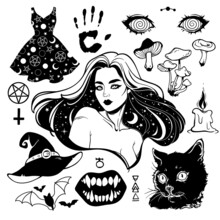 A Set Of Black Drawings And Silhouettes On A Witch Theme On A White Background
