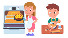 Kids Bakers Cooking Cake Or Pie In Kitchen