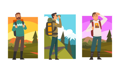 Wall Mural - Man Traveller or Explorer with Backpack Standing and Looking Ahead Vector Set