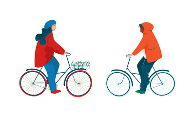 Sticker - Man and Woman Character in Coat Riding Bicycle Carrying Snowdrops in Spring Season Vector Set