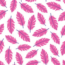 White Seamless Pattern With Pink Flamingo Feathers.