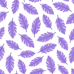  White seamless pattern with purple flamingo feathers.