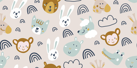 Vector seamless pattern with cute animal faces - bear, crocodile, giraffe, lama, hippo, monkey, cat, rabbit on beige background. childish seamless pattern for boys and girls