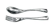 Fork Spoon Table Setting Food. Design Element For Restaurant Or Cafe Menu. Hand Drawn Sketch Vintage Vector Illustration