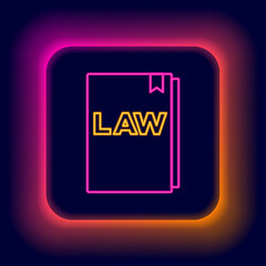 Poster - Glowing neon line Law book icon isolated on black background. Legal judge book. Judgment concept. Colorful outline concept. Vector