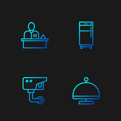 Poster - Set line Covered with tray, Security camera, Hotel reception desk and Refrigerator. Gradient color icons. Vector