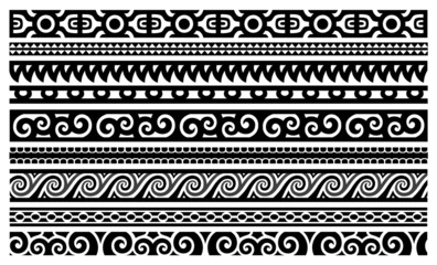 Wall Mural - Polynesian decorative vector ornaments. Seamless border patterns inspired by Tahitian, Marquesan, and Maori art.