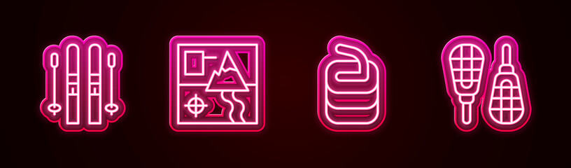 Sticker - Set line Ski and sticks, Folded map, Stone for curling and Snowshoes. Glowing neon icon. Vector