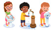 Girls pouring water, drinking, boy washing hands