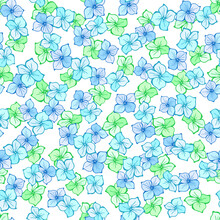 Ditsy Floral Seamless Pattern. Vector Hand Drawn Line Art Illustration. Summer Cute Blue Green Flowers. Texture For Print, Fabric, Textile, Wallpaper.