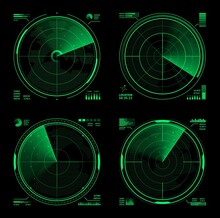 HUD Military Radar Or Vector Navy Sonar Display Screen Interface Of Navigation System. Futuristic Digital Head Up Display Of Army Search Technology, Green Neon Grid Of Detection Equipment