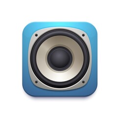 Sticker - Sound speaker icon of audio music stereo system. Vector square button of musical mobile application or app, 3d blue dynamic of loudspeaker subwoofer isolated symbol, entertainment technology design