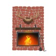 © Vector Tradition - Fireplace and hunting trophy. Vector cartoon fire place or wood burning hearth. Red stone chimney, wooden mantelpiece and deer antlers, shovel and poker, house interior design