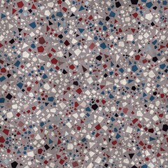 Wall Mural - Seamless red white and blue pattern of packed polygons with overlay texture. High quality illustration. Stylish and sophisticated confetti terrazzo motif swatch in repeat. Grungy but simple elements