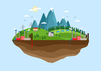 Ecological Sustainable Energy Supply Background Vector Flat Illustration Power Plant Station Buildings With Solar Panels, Gas, Geothermal, Renewable, Water and Wind Turbines