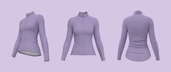 Women’s cycling jersey mockup in front, side and back, 3d rendering, 3d illustration