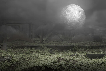 Wall Mural - Tombstones on the graveyard with full moon background