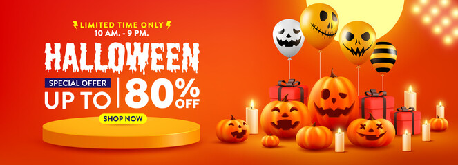 Wall Mural - Halloween Sale Promotion Poster or banner with Halloween Pumpkin and Ghost Balloons.Scary air balloons with Product podium scene.Website spooky,Background or banner Halloween template.