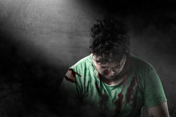 Poster - Scary zombie with blood and wound on his body standing