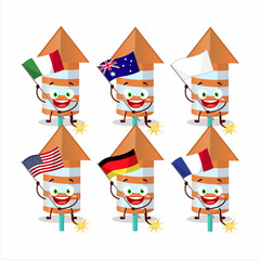 Wall Mural - Rocket firework orange cartoon character bring the flags of various countries