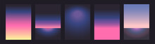 Neon Light Gradient. Futurism Vector Art Set. Retrowave, Synthwave, Rave, Vapor Wave Background. Retro, Vintage 80s, 90s Style. Black, Purple, Pink, Blue, Yellow Colors. Print, Wallpaper, Web Template